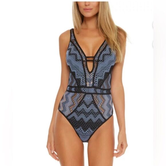 Becca Swimsuit One Piece Crochet Plunge Neck Blue and black Size XS New - Picture 2 of 7